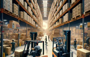 DALL·E 2024-02-25 21.33.53 - Image 1_ A bustling warehouse in Pakistan filled with manual forklifts and workers moving goods. The scene captures the essence of a busy industrial e